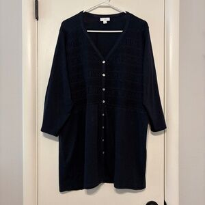 J. Jill Women's Plus Button-Front Smocked-Bodice Tunic Shirt Top 2X Navy Blue